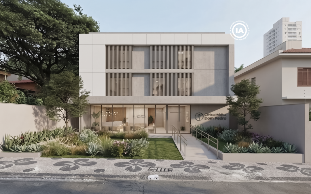 Fachada contemporânea da Clinica Médica Dom Pedro em Piracicaba, com projeto de retrofit e paisagismo, mostrando a nova tendência de medical clinics em áreas residenciais.